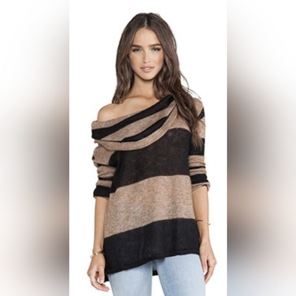 NWOT Free People Rugby alpaca knit cowl neck/off shoulder tan & black horizontal